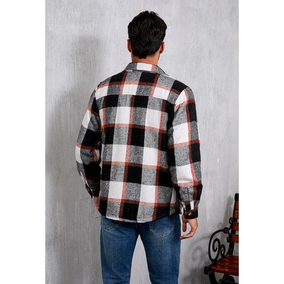 Mens CottonOrangeWhite Sherpa Lined Button Down Flannel Shirt Jacket Plaid Soft. - Picture 6 of 8